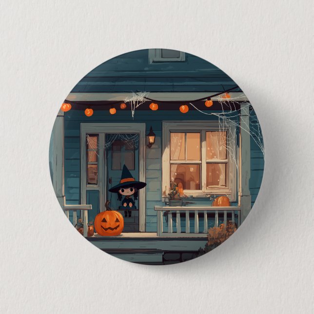 Cute Halloween Witch on Spooky Porch - Button (Front)