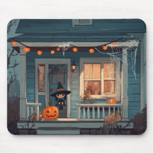 Cute Halloween Witch on Spooky Porch - Mousepad