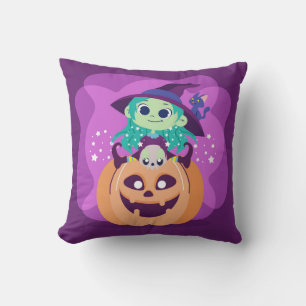 Cute Halloween Witch on Spooky Pumpkin and Cat Cushion