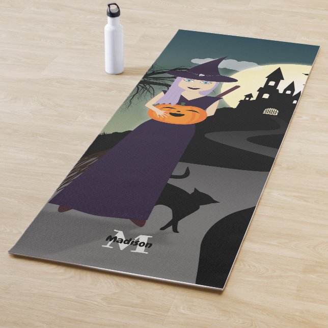 Cute Halloween Witch Pumpkin Black cat Monogram Yoga Mat (In Situ)