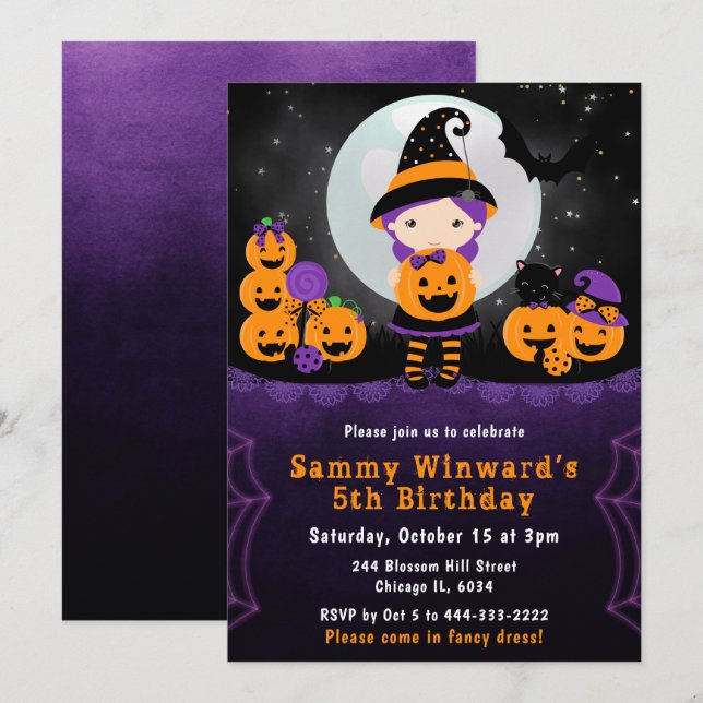 Cute Halloween Witch Pumpkins Birthday Party Invitation (Front/Back)