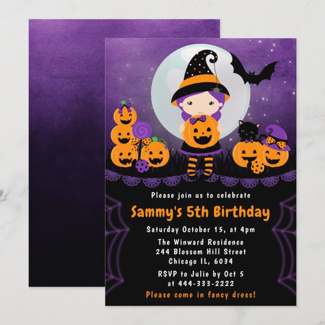 Cute Halloween Witch & Pumpkins Birthday Party Invitation (Front/Back)