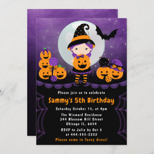 Cute Halloween Witch & Pumpkins Birthday Party Invitation