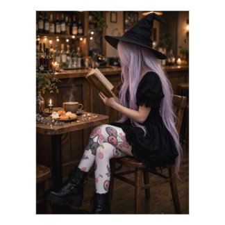 Cute Halloween Witch Reading Poster Cosy Art