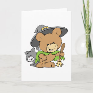 cute halloween witch with black cat teddy bear des card