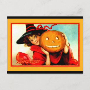 Cute Halloween Witch with Jack O' Lantern Vintage Postcard