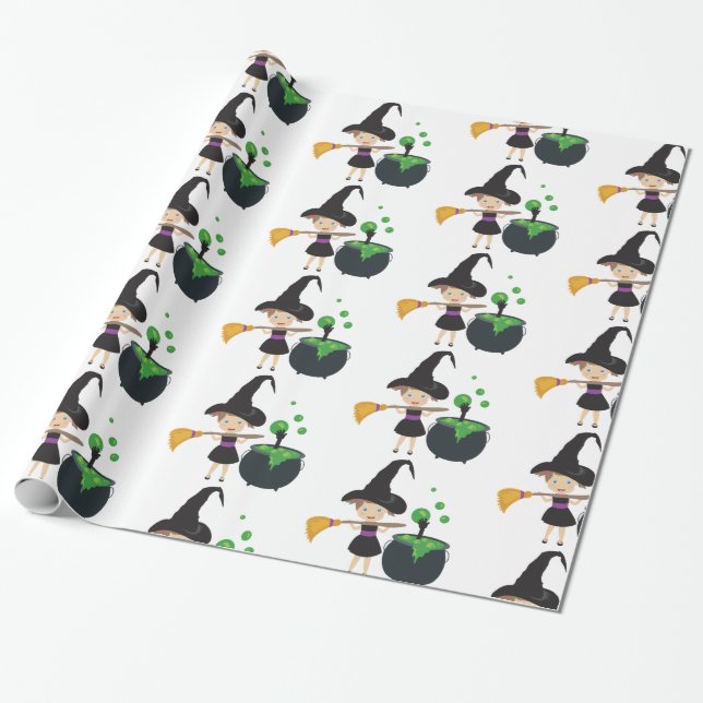 Cute Halloween Witch Wrapping Paper (Unrolled)