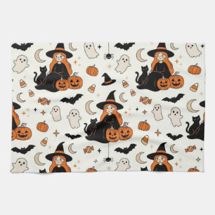 Cute Halloween Witches & Black Cats Tea Towel