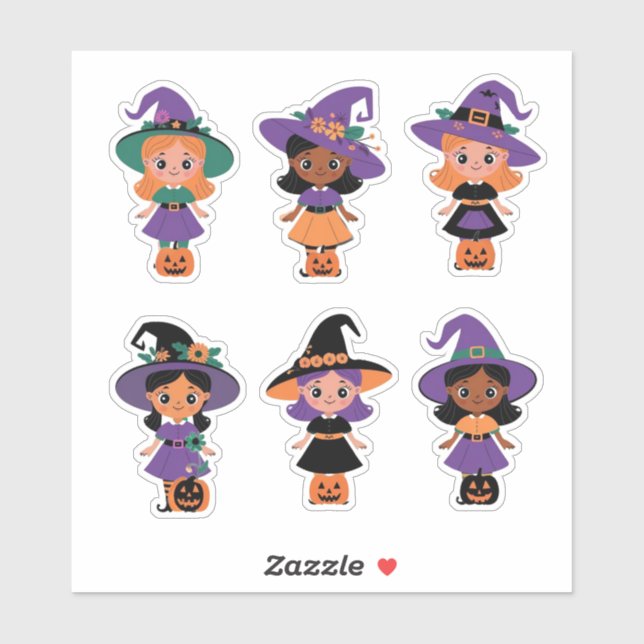 Cute Halloween Witches with Pumpkins Sticker Sheet (Sheet)