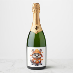 Cute Halloween Wolf With Pumpkin Lanterns Sparkling Wine Label