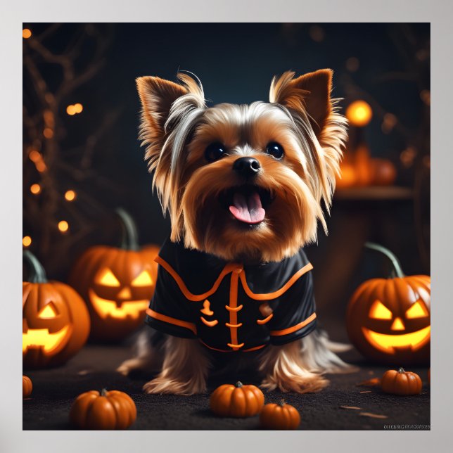 Cute Halloween Yorkshire Terrier Puppy Dog Pumpkin Poster (Front)