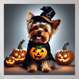 Cute Halloween Yorkshire Terrier Puppy Witch Hat  Poster