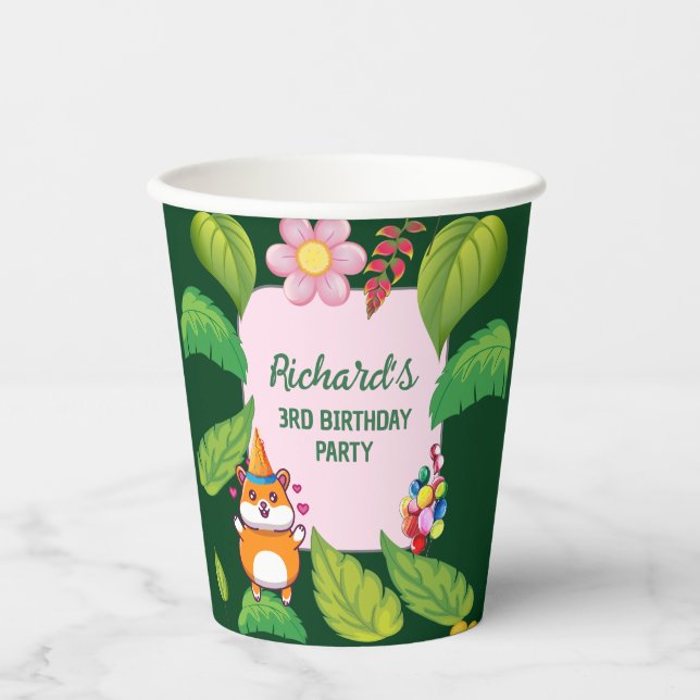 Cute Hamster Botanical Themed Kid's Birthday Party Paper Cups (Front)