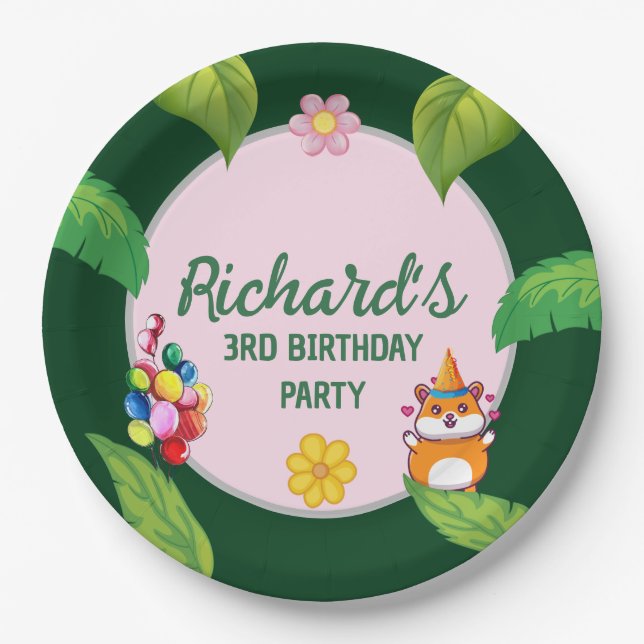 Cute Hamster Botanical Themed Kid's Birthday Party Paper Plate (Front)