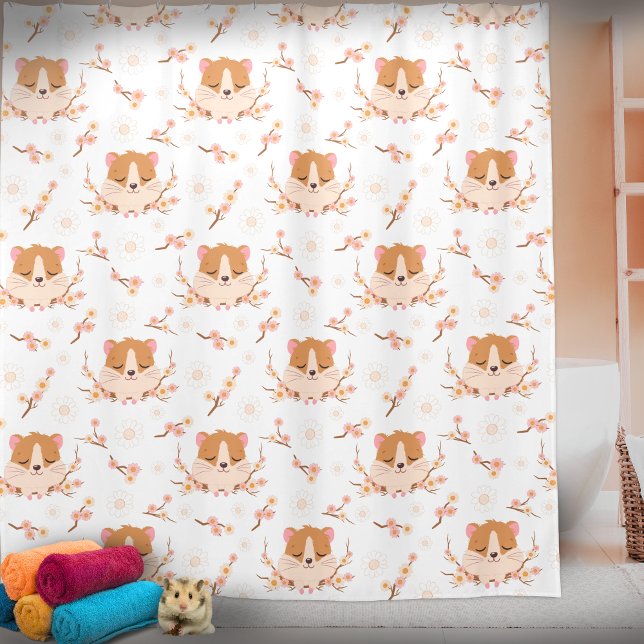 Cute Hamster Face and Pink Flowers Pattern Bath Shower Curtain (Creator Uploaded)