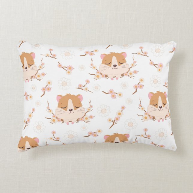 Cute Hamster Face and Pink Flowers Pattern Decorative Cushion (Front)