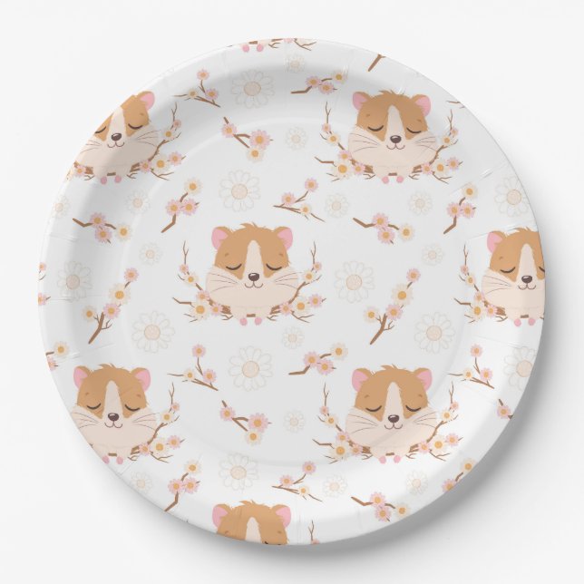 Cute Hamster Face and Pink Flowers Pattern Party Paper Plate (Front)