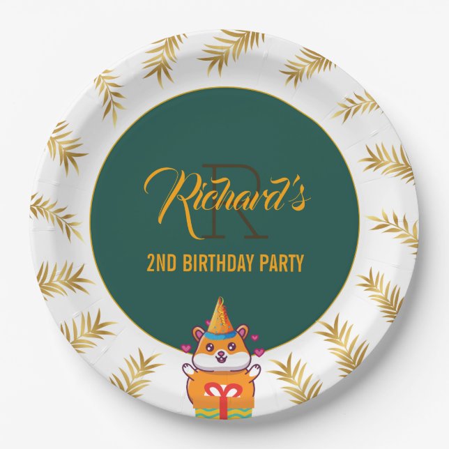 Cute Hamster Green Themed Kid's Birthday Party Paper Plate (Front)