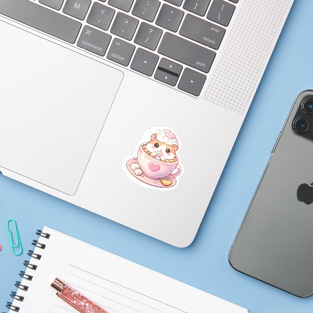 Cute Hamster in Coffee Cup Kawaii Sticker (Laptop w/ iPhone)