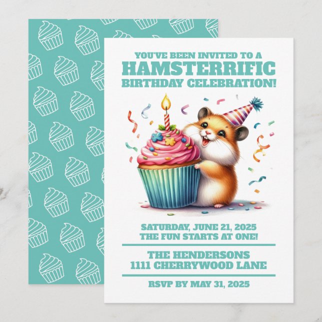 Cute Hamster Lifting Cupcake Hamsterrific Birthday Invitation (Front/Back)