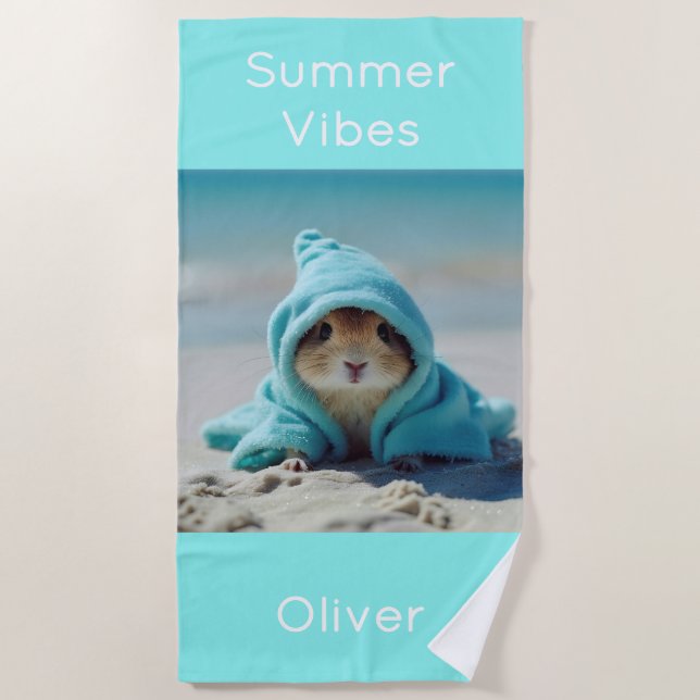 Cute Hamster on the Beach – Summer Turquoise Beach Towel (Front)