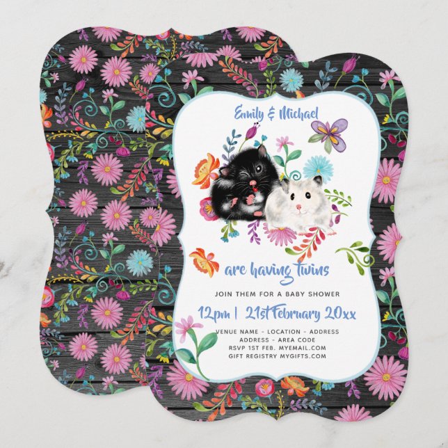 Cute Hamster TWINS Baby Shower Invites Folk Flower (Front/Back)