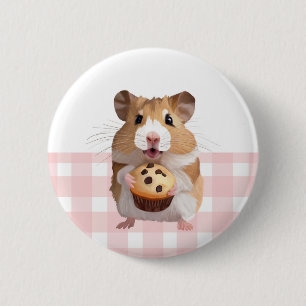 Cute Hamster With Muffin Pink Gingham Check 6 Cm Round Badge