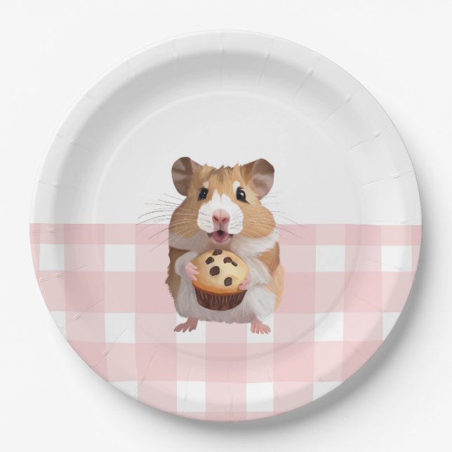 Cute Hamster With Muffin Pink Gingham Check Paper Plate (Front)