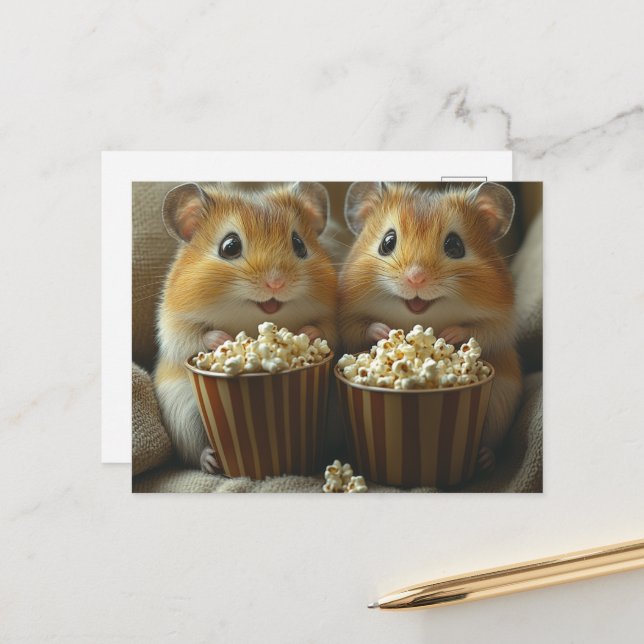 Cute Hamsters With Popcorn For movie Night Postcard (Front/Back In Situ)