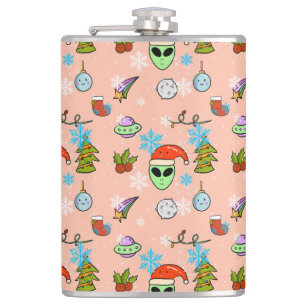 Cute Hand-drawn Alien Christmas Seamless Pattern  Hip Flask