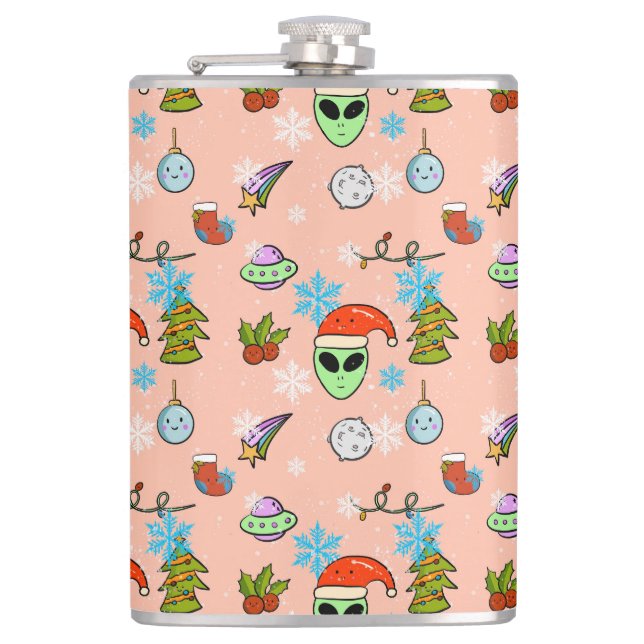 Cute Hand-drawn Alien Christmas Seamless Pattern  Hip Flask (Front)