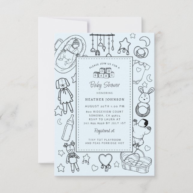 Cute Hand Drawn Baby Shower Blue Boy Invitation (Front)