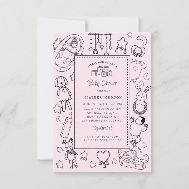 Cute Hand Drawn Baby Shower Pink Girl Invitation (Front)