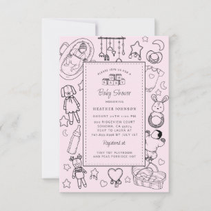 Cute Hand Drawn Baby Shower Pink Girl Invitation