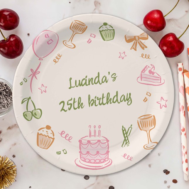 Cute Hand Drawn Birthday Icons Party Paper Plate (colourful, whimsical, hand-drawn birthday icons paper plate )