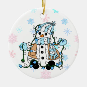 Cute Hand Drawn Blue Snowman Christmas Ceramic Tree Decoration