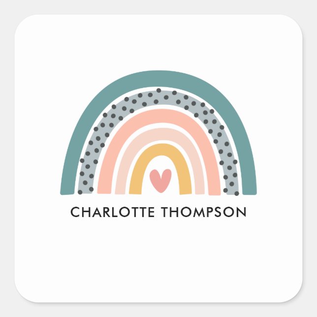 Cute Hand Drawn Boho Rainbow Personalised Square Sticker (Front)