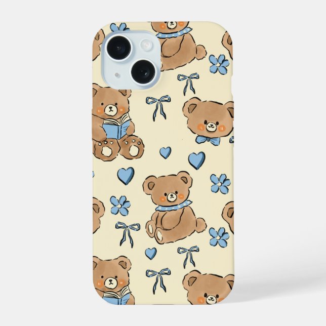 Cute Hand-drawn Brown Teddy Bears Seamless Pattern iPhone 15 Case (Back)