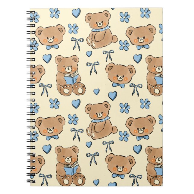 Cute Hand-drawn Brown Teddy Bears Seamless Pattern Notebook (Front)