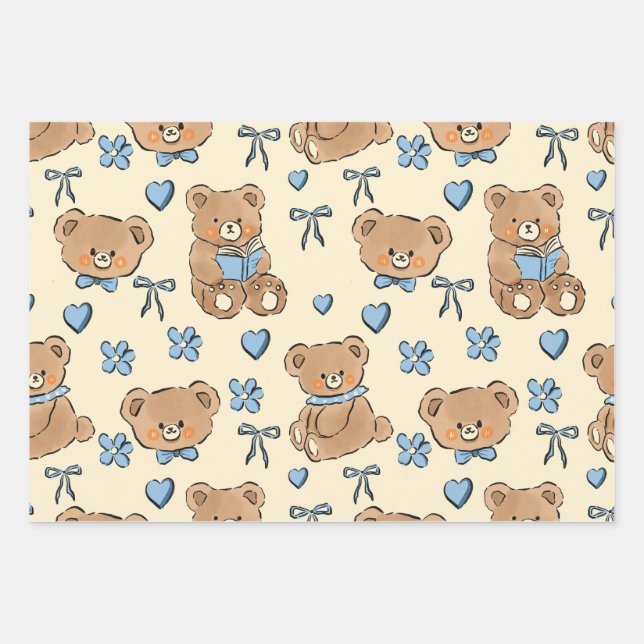 Cute Hand-drawn Brown Teddy Bears Seamless Pattern Wrapping Paper Sheet (Front)