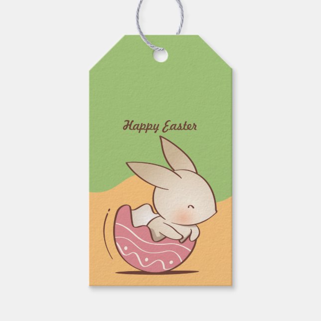 Cute Hand drawn Bunny, Pink Easter Egg Gift Tags (Front)