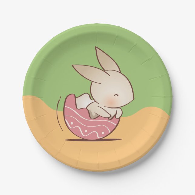 Cute Hand drawn Bunny, Pink Easter Egg Paper Plate (Front)