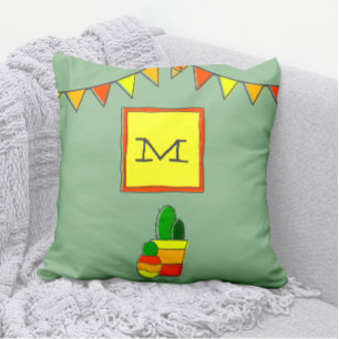 Cute Hand-Drawn Cactus + Monogram Festive Fiesta Cushion