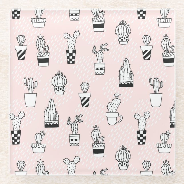 Cute Hand Drawn Cactus Pattern Glass Coaster (Front)