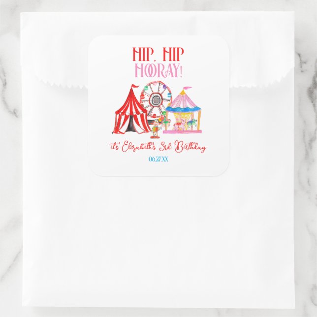 Cute Hand Drawn Carnival Circus Birthday Square Sticker (Bag)