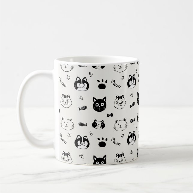 Cute Hand-drawn Cat Faces Doodle Pattern Coffee Mug (Left)