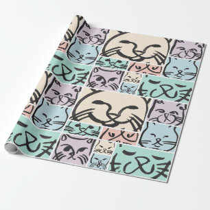 Cute Hand-Drawn Cat Faces Pattern Wrapping Paper