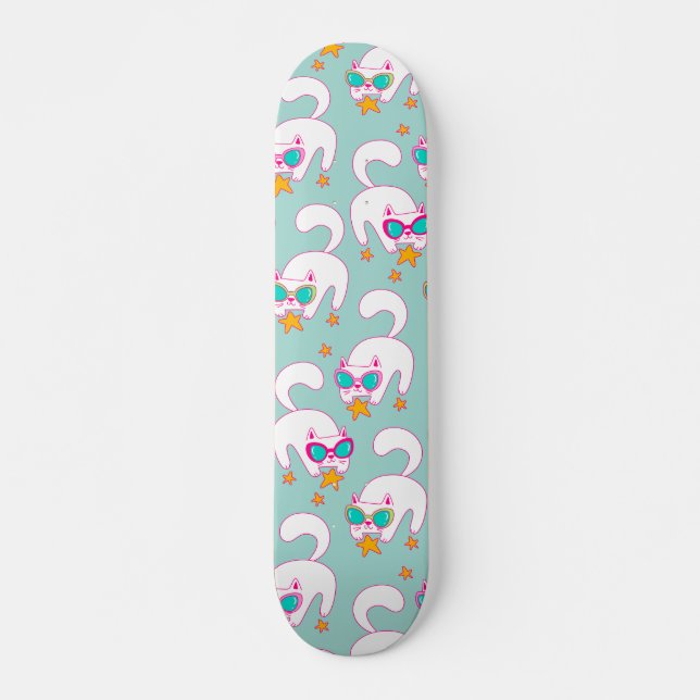Cute Hand Drawn Cats with Sunglasses and Stars Skateboard (Front)