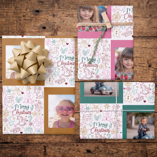 Cute Hand Drawn Christmas Doodle Photo Wrapping Paper Sheet