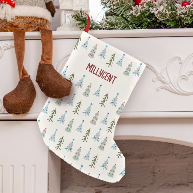 Cute hand drawn Christmas trees Small Christmas Stocking (Custom Scandinavian Christmas stocking with Christmas trees and your name)